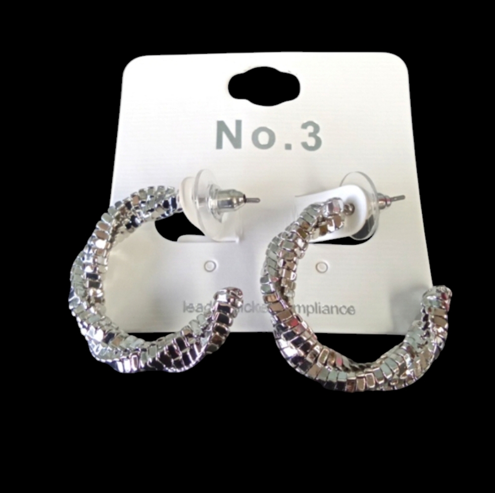 Silver Rhinestone Box Swirl Hoop Earrings NEW